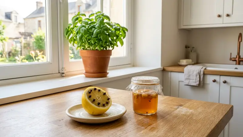 Cuisine française lumineuse avec un pot de basilic frais sur le rebord de la fenêtre, un demi-citron piqué de clous de girofle sur le plan de travail et un petit verre de piège vinaigre à côté