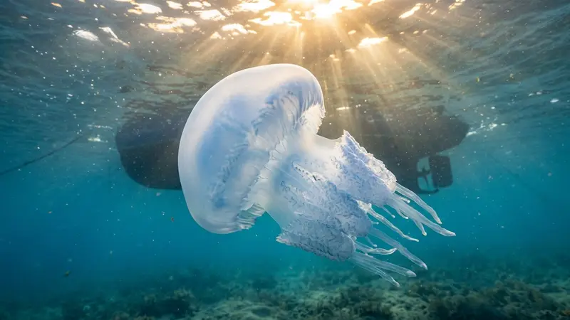 Méduse rhizostome translucide flottant dans l'eau claire d'un bassin atlantique, vue subaquatique en plongée avec lumière dorée filtrant à la surface