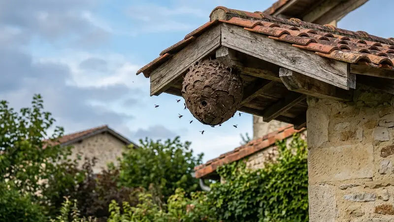 Nid de frelons asiatiques sphérique brun-gris accroché en hauteur sous une charpente en bois, ambiance fin d'été français, vue de loin sécurisée