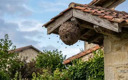 Nid de frelons asiatiques sphérique brun-gris accroché en hauteur sous une charpente en bois, ambiance fin d'été français, vue de loin sécurisée