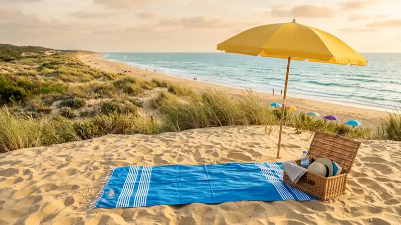 Plage française en fin d'après-midi avec serviette de plage soigneusement étalée à plat sur le sable, parasol planté et végétation côtière à proximité