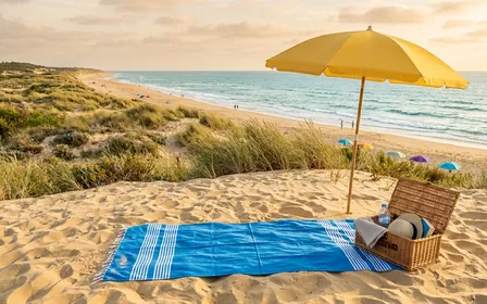 Plage française en fin d'après-midi avec serviette de plage soigneusement étalée à plat sur le sable, parasol planté et végétation côtière à proximité