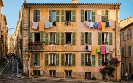 Façade colorée d'immeuble du Panier à Marseille avec linge aux fenêtres et lumière dorée méditerranéenne, ambiance vieille ville authentique
