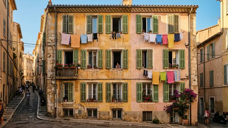 Façade colorée d'immeuble du Panier à Marseille avec linge aux fenêtres et lumière dorée méditerranéenne, ambiance vieille ville authentique