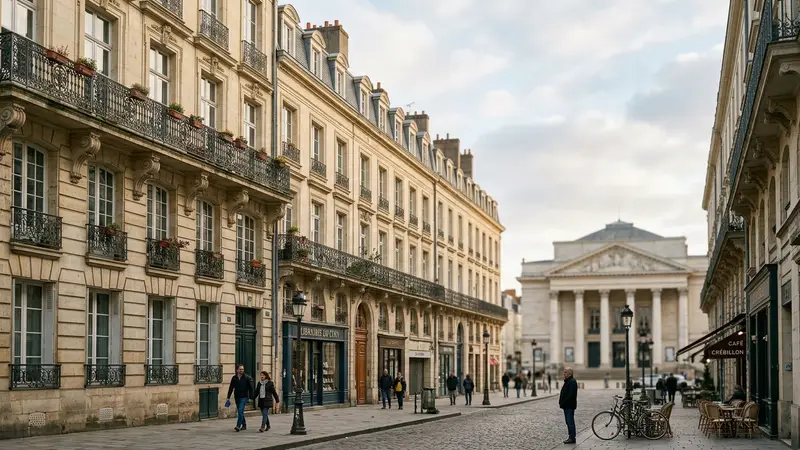 Façades d'immeubles haussmanniens du centre-ville de Nantes en pierre claire avec balcons en fer forgé, vue sur le quartier Graslin, lumière atlantique d'après-midi