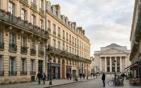 Façades d'immeubles haussmanniens du centre-ville de Nantes en pierre claire avec balcons en fer forgé, vue sur le quartier Graslin, lumière atlantique d'après-midi