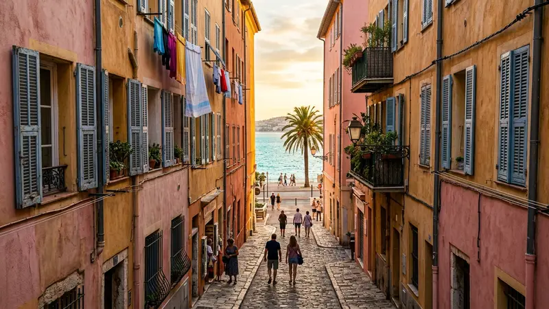 Façades ocres et roses du Vieux Nice avec linge aux fenêtres et Promenade des Anglais en arrière-plan, lumière dorée méditerranéenne d'été