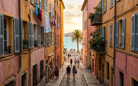 Façades ocres et roses du Vieux Nice avec linge aux fenêtres et Promenade des Anglais en arrière-plan, lumière dorée méditerranéenne d'été