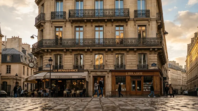 Immeuble haussmannien parisien en pierre claire avec balcons en fer forgé, vue de la rue en fin d'après-midi, ambiance urbaine dense et historique