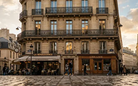 Immeuble haussmannien parisien en pierre claire avec balcons en fer forgé, vue de la rue en fin d'après-midi, ambiance urbaine dense et historique