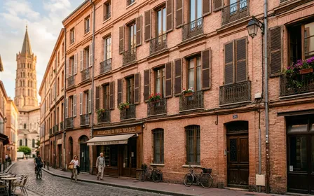 Façade typique d'immeuble toulousain en briques foraines roses au coucher du soleil, place du Capitole en arrière-plan, ambiance ville rose