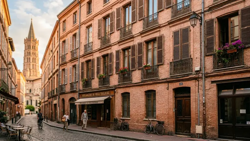 Façade typique d'immeuble toulousain en briques foraines roses au coucher du soleil, place du Capitole en arrière-plan, ambiance ville rose