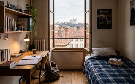 Chambre d'étudiant lyonnaise dans un immeuble de la Presqu'île avec bureau, livres et fenêtre donnant sur les toits de tuiles rouges, ambiance chaleureuse