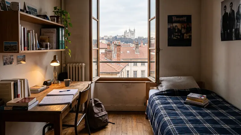 Chambre d'étudiant lyonnaise dans un immeuble de la Presqu'île avec bureau, livres et fenêtre donnant sur les toits de tuiles rouges, ambiance chaleureuse