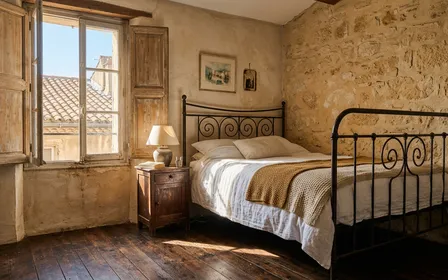 Vue intérieure d'une chambre d'appartement marseillais avec parquet ancien, volets fermés laissant filtrer la lumière dorée, atmosphère méditerranéenne