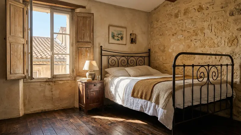 Vue intérieure d'une chambre d'appartement marseillais avec parquet ancien, volets fermés laissant filtrer la lumière dorée, atmosphère méditerranéenne