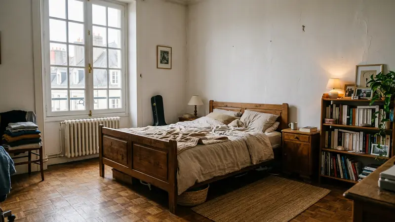 Intérieur d'un appartement nantais ancien dans le quartier Bouffay avec parquet en chêne, fenêtre à petits carreaux et lumière douce d'après-midi atlantique
