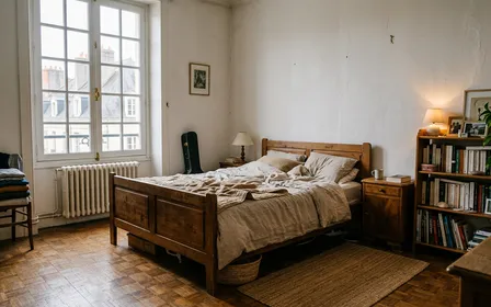 Intérieur d'un appartement nantais ancien dans le quartier Bouffay avec parquet en chêne, fenêtre à petits carreaux et lumière douce d'après-midi atlantique