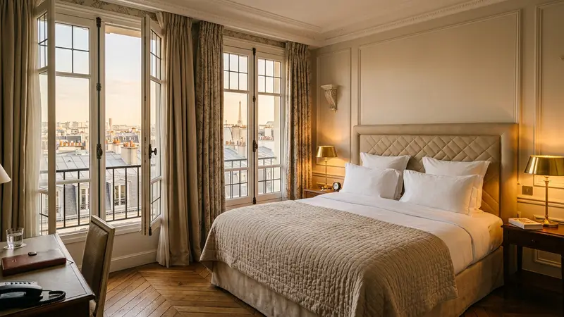 Vue intérieure d'une chambre d'hôtel parisien haussmannien avec lit blanc soigné, parquet en chevrons et fenêtre donnant sur les toits de zinc