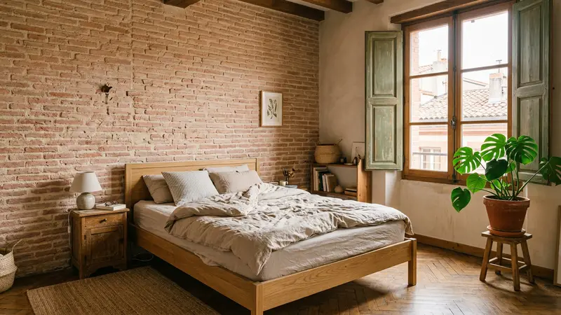 Chambre dans un appartement toulousain ancien avec murs en brique foraine apparente, lit en bois clair et fenêtre laissant entrer la lumière chaude du Sud-Ouest