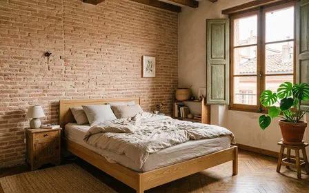 Chambre dans un appartement toulousain ancien avec murs en brique foraine apparente, lit en bois clair et fenêtre laissant entrer la lumière chaude du Sud-Ouest