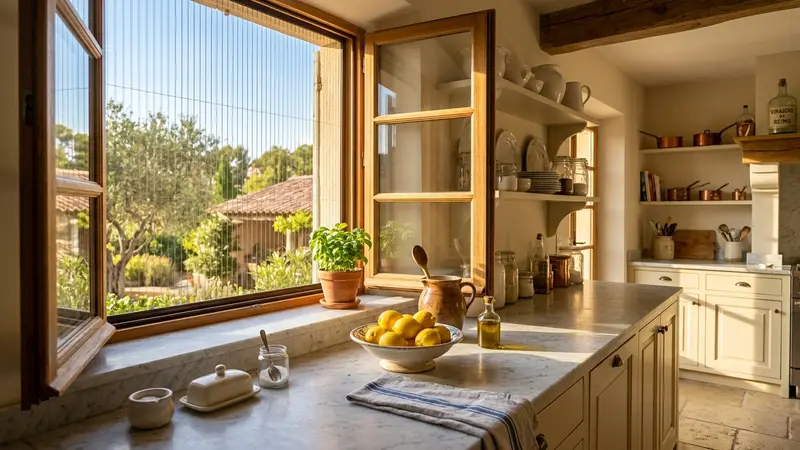 Cuisine française lumineuse en pleine canicule avec fenêtre entrouverte équipée d'une moustiquaire, plan de travail impeccable, ambiance été