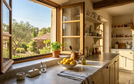 Cuisine française lumineuse en pleine canicule avec fenêtre entrouverte équipée d'une moustiquaire, plan de travail impeccable, ambiance été