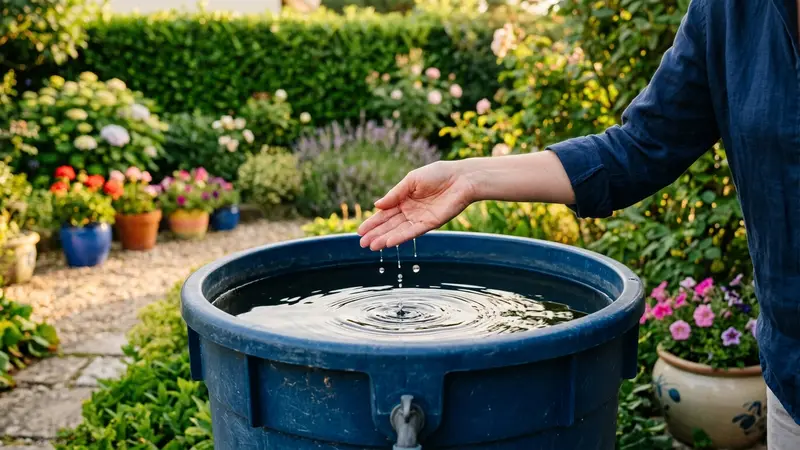 Vue en gros plan d'un récupérateur d'eau de pluie dans un jardin français avec une main versant délicatement quelques gouttes en surface, lumière de fin de journée