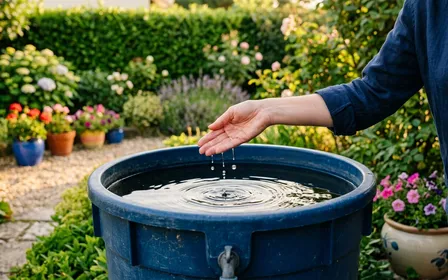 Vue en gros plan d'un récupérateur d'eau de pluie dans un jardin français avec une main versant délicatement quelques gouttes en surface, lumière de fin de journée