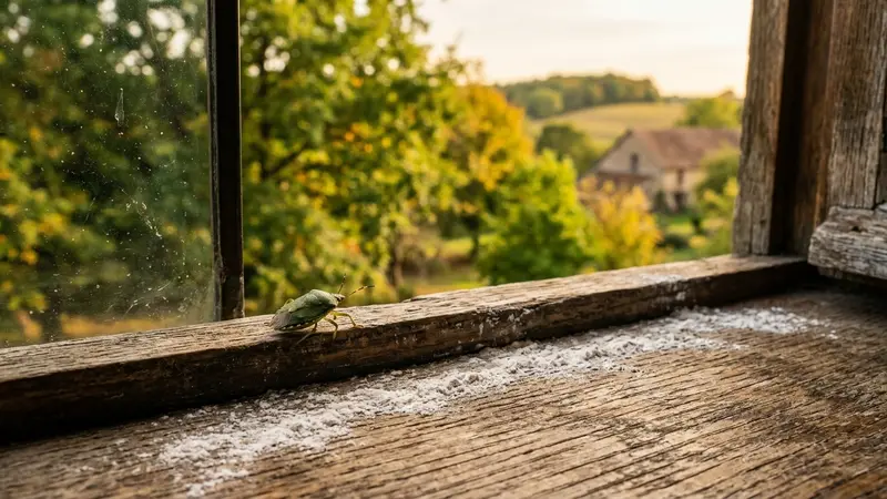 Rebord de fenêtre d'une maison française à la campagne en fin d'été, avec une punaise verte des bois posée sur le bois et une fine poudre blanche répandue