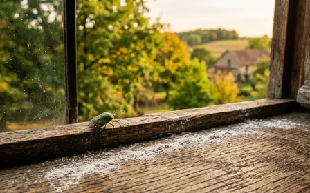 Rebord de fenêtre d'une maison française à la campagne en fin d'été, avec une punaise verte des bois posée sur le bois et une fine poudre blanche répandue