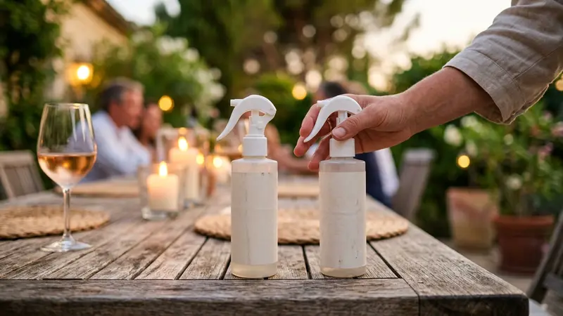 Deux flacons génériques de sprays répulsifs sur une table de terrasse française d'été avec une main d'adulte prête à en pulvériser, lumière chaude de fin de journée