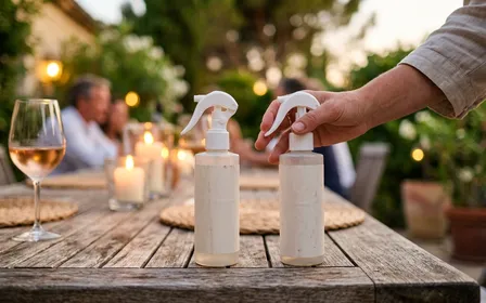 Deux flacons génériques de sprays répulsifs sur une table de terrasse française d'été avec une main d'adulte prête à en pulvériser, lumière chaude de fin de journée