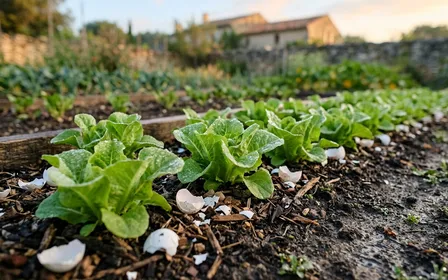 Rangée de jeunes salades dans un potager français au petit matin avec quelques coquilles d'œuf éparpillées sur la terre et gouttes de rosée, ambiance jardinage authentique