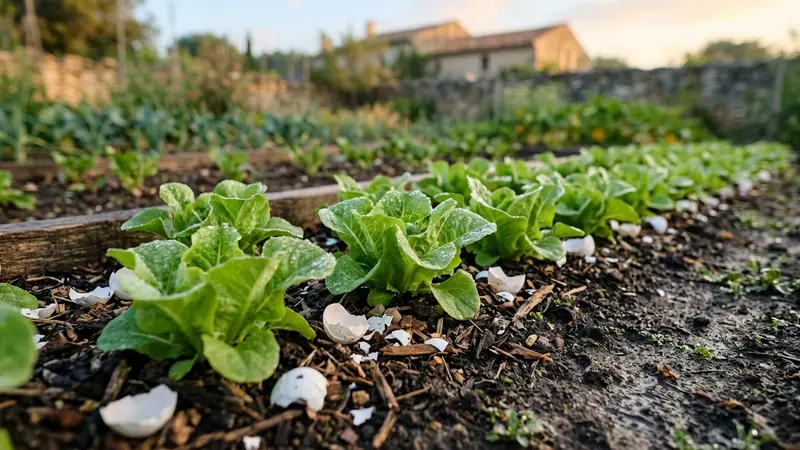 Rangée de jeunes salades dans un potager français au petit matin avec quelques coquilles d'œuf éparpillées sur la terre et gouttes de rosée, ambiance jardinage authentique