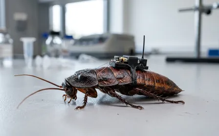Vue en gros plan d'un cafard siffleur de Madagascar équipé d'un petit dispositif imprimé en 3D sur son abdomen, sur fond noir avec éclairage laboratoire