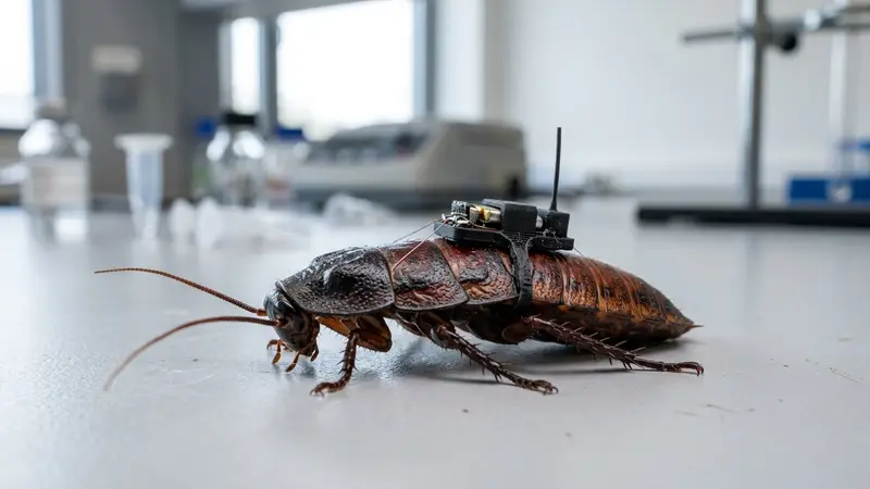 Vue en gros plan d'un cafard siffleur de Madagascar équipé d'un petit dispositif imprimé en 3D sur son abdomen, sur fond noir avec éclairage laboratoire