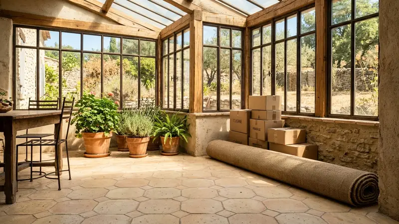 Véranda d'une maison provençale en pleine canicule d'été avec carrelage clair, pots de plantes, un tapis roulé et cartons entassés au sol créant des zones d'ombre