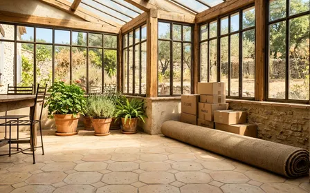 Véranda d'une maison provençale en pleine canicule d'été avec carrelage clair, pots de plantes, un tapis roulé et cartons entassés au sol créant des zones d'ombre