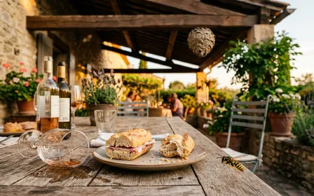 Terrasse française d'été avec table de repas et verre renversé, guêpe en vol au premier plan et arrière-plan de nid en papier mâché suspendu sous un auvent en bois