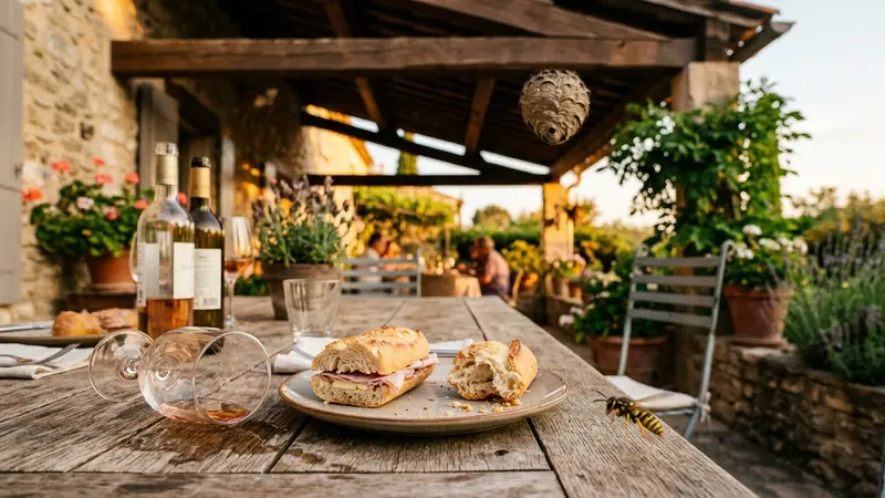 Terrasse française d'été avec table de repas et verre renversé, guêpe en vol au premier plan et arrière-plan de nid en papier mâché suspendu sous un auvent en bois