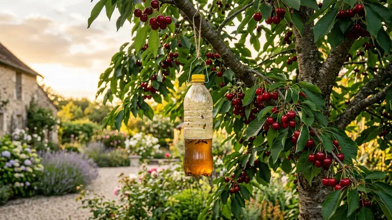 Cerisier en pleine fructification dans un jardin français d'été avec cerises rouges mûres et un piège bouteille suspendu à une branche, lumière chaude de fin de journée
