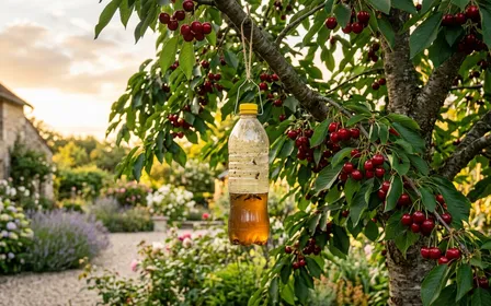 Cerisier en pleine fructification dans un jardin français d'été avec cerises rouges mûres et un piège bouteille suspendu à une branche, lumière chaude de fin de journée