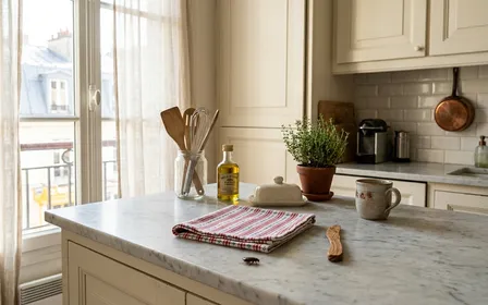 Cuisine française d'appartement propre en lumière du matin avec un petit cafard visible sur le plan de travail, ambiance domestique authentique