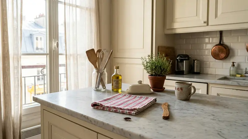 Cuisine française d'appartement propre en lumière du matin avec un petit cafard visible sur le plan de travail, ambiance domestique authentique