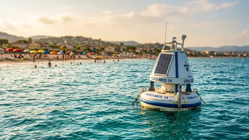 Bouée solaire moderne flottant en mer bleue non loin d'une plage française méditerranéenne avec baigneurs en arrière-plan, ambiance été ensoleillée