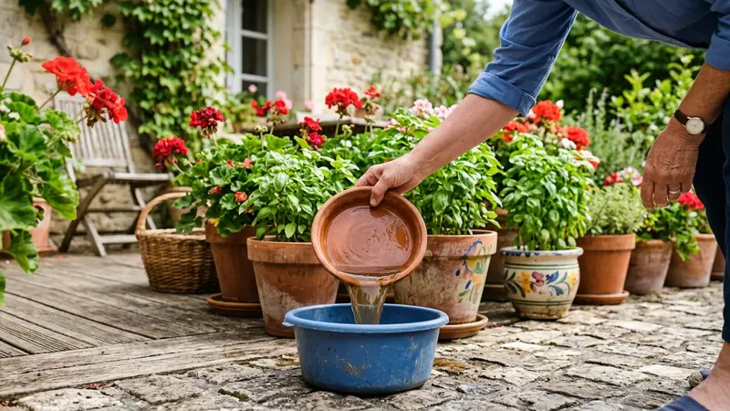 Terrasse française d'été avec pots de fleurs colorés et main d'adulte tenant une bassine pour vider une soucoupe pleine d'eau, ambiance jardinage domestique
