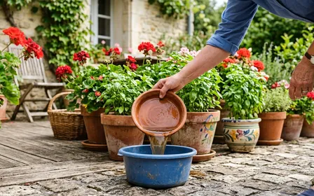 Terrasse française d'été avec pots de fleurs colorés et main d'adulte tenant une bassine pour vider une soucoupe pleine d'eau, ambiance jardinage domestique