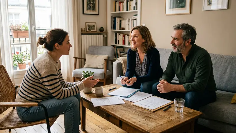 Salon d'appartement français avec propriétaire et locataire assis à une table basse discutant devant des documents administratifs et un contrat de bail