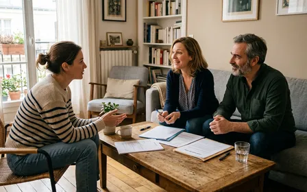 Salon d'appartement français avec propriétaire et locataire assis à une table basse discutant devant des documents administratifs et un contrat de bail